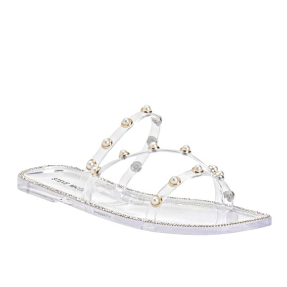 NWT Steve Madden Women's Studded Pearl Embellished Slide-On Flat Sandals - Picture 2 of 7
